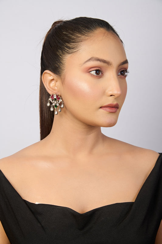 Silver Handcrafted AD Studs with Colorful Beads Earrings