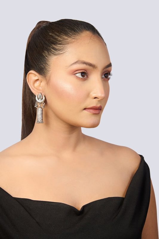 Oxidized Silver Crescent & Carved Cylindrical Drop Earrings