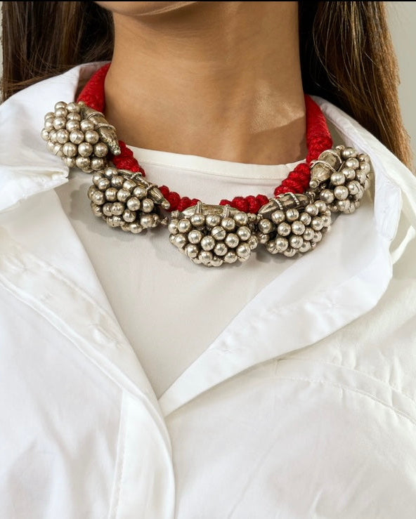 Tribal Red Thread Necklace with Oxidized Silver Bead Clusters