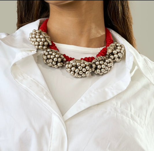 Tribal Red Thread Necklace with Oxidized Silver Bead Clusters