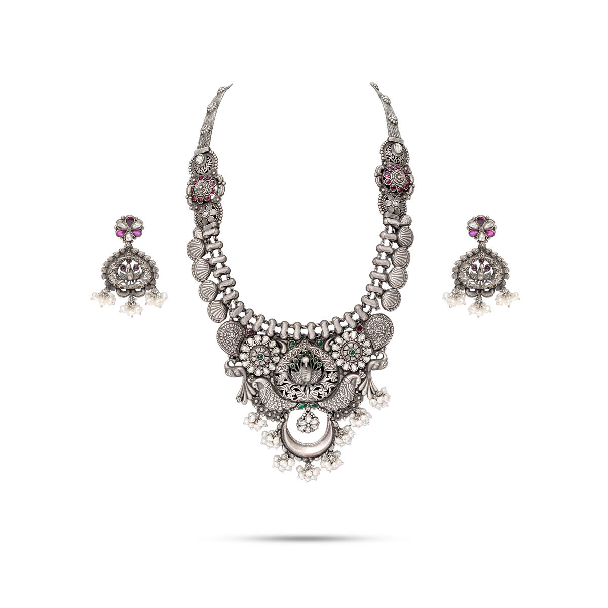 92.5 Silver Peacock Crescent Pearl Necklace Set