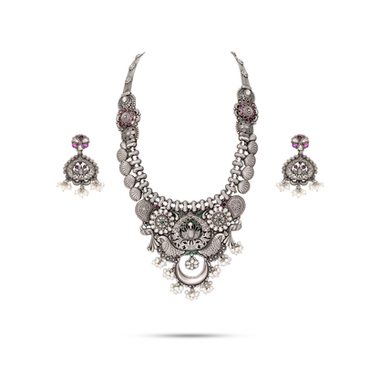 92.5 Silver Peacock Crescent Pearl Necklace Set