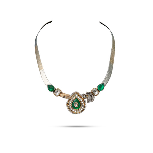925 Silver Emerald Polki Hasli Necklace