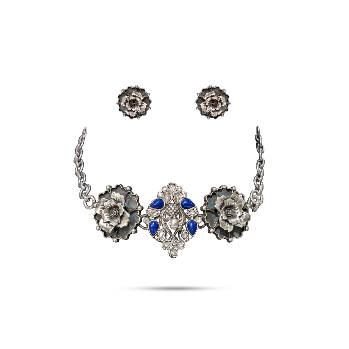 925 Silver Blue Stone Floral Choker Set