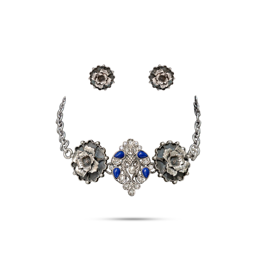 925 Silver Blue Stone Floral Choker Set