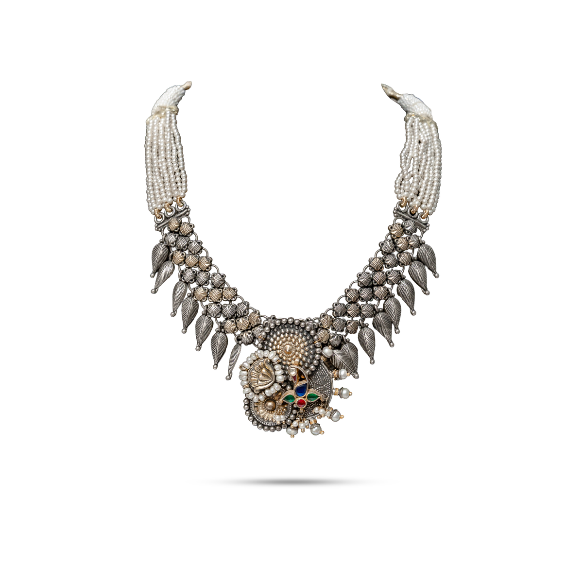 925 Silver Multi-Strand Pearl Peacock Leaf Collar Necklace