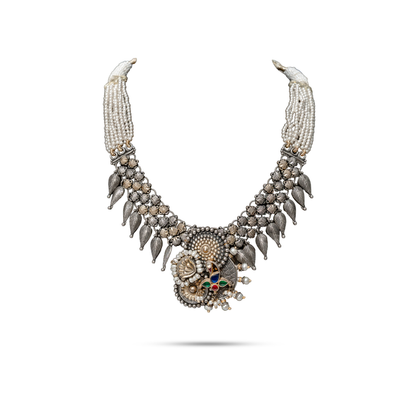 925 Silver Multi-Strand Pearl Peacock Leaf Collar Necklace