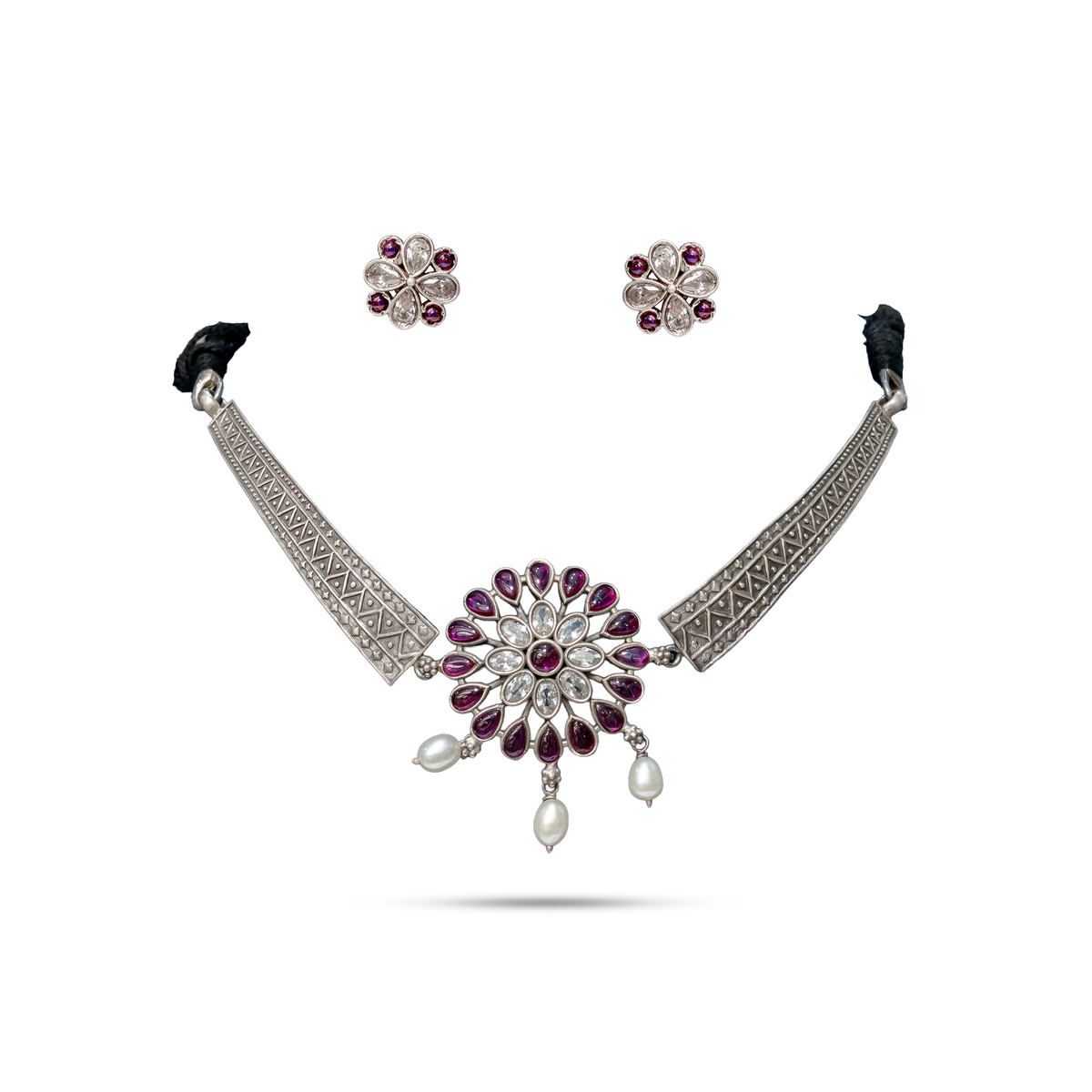 925 Silver Floral Ruby Hasli Set