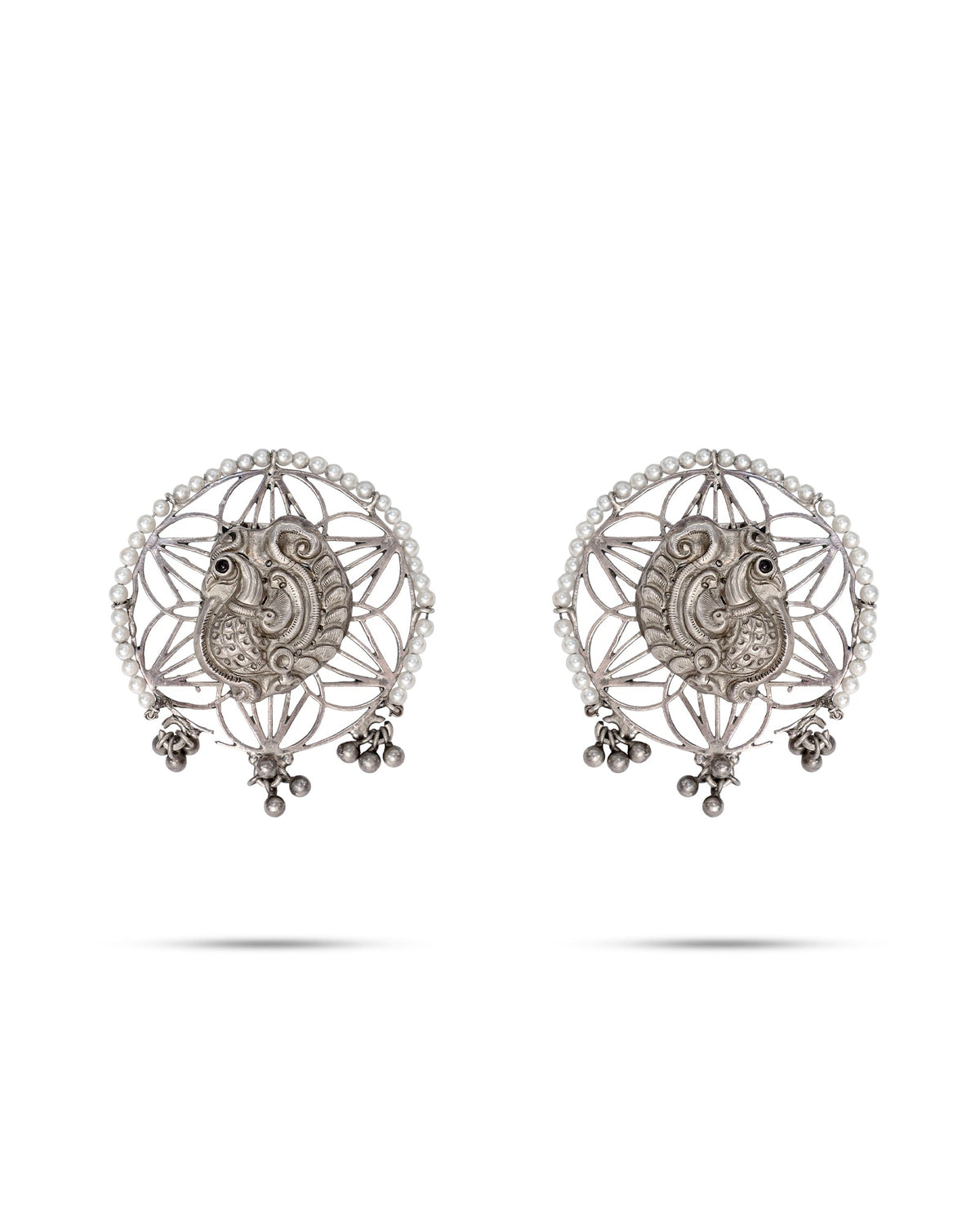 92.5 Silver Peacock Lattice Pearl Stud Earrings