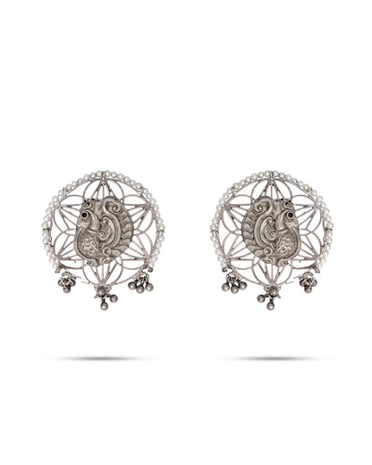 92.5 Silver Peacock Lattice Pearl Stud Earrings