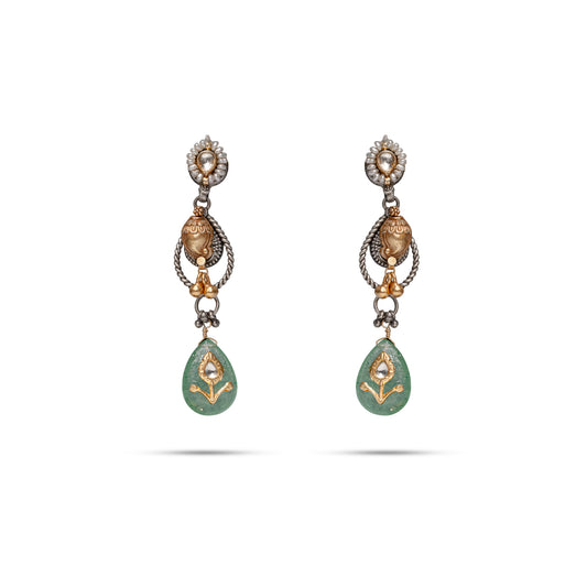 925 Silver Polki Green Drop Earrings