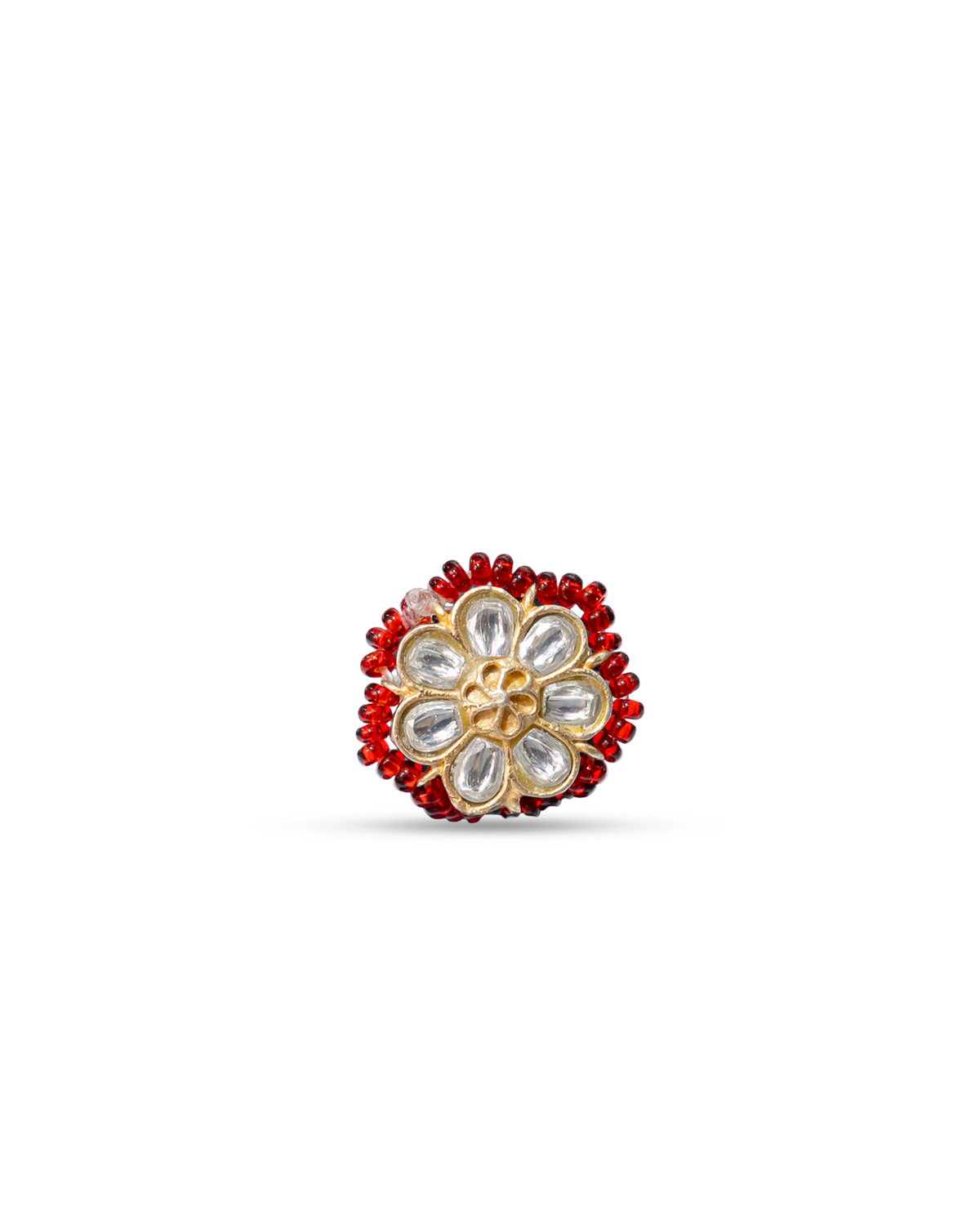 92.5 Silver Kundan Floral Red Beaded Toe Ring Pair