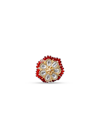 92.5 Silver Kundan Floral Red Beaded Toe Ring Pair