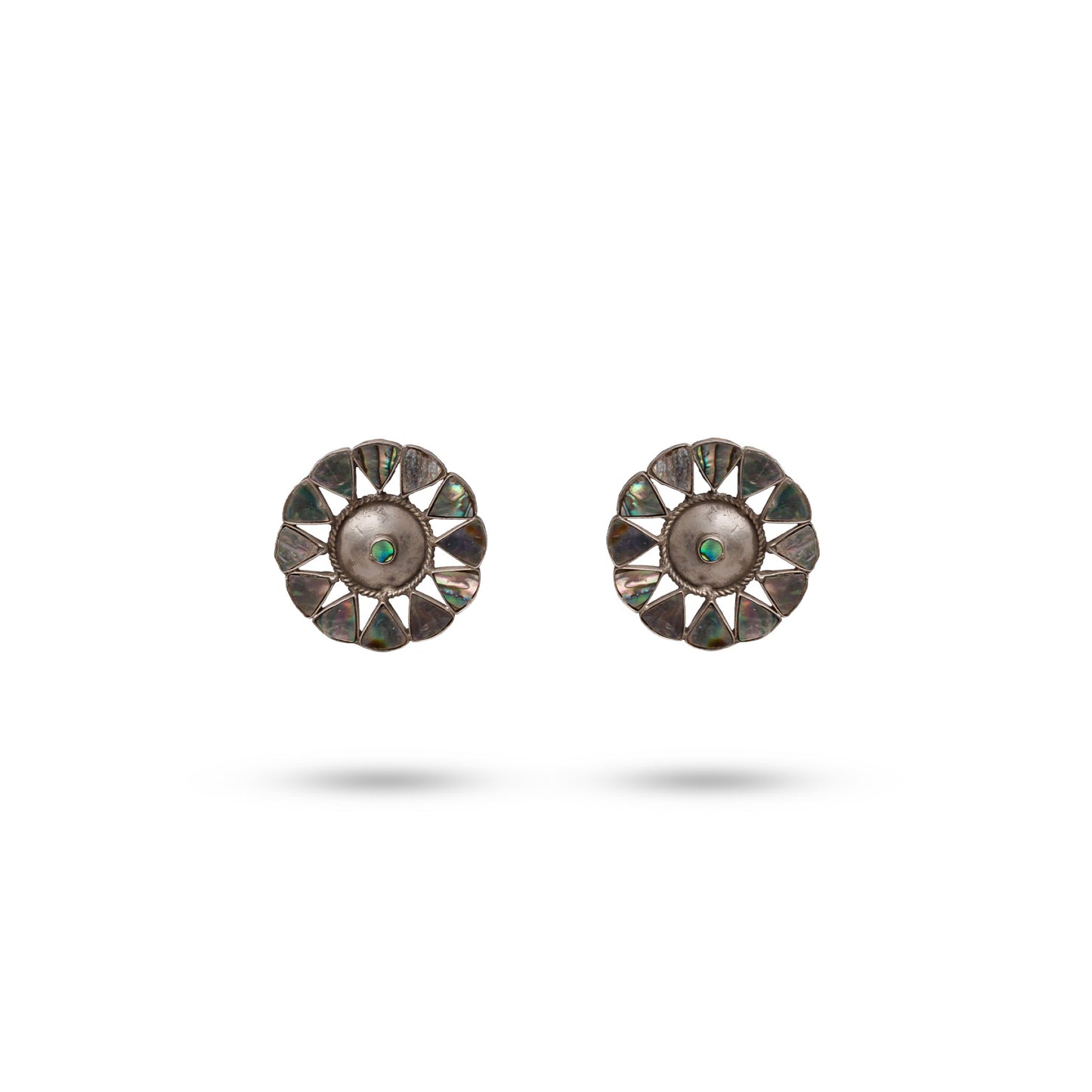 925 Silver Abalone Shell & Oxidized Floral Stud Earrings