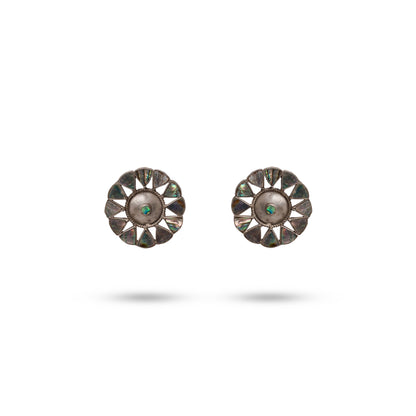 925 Silver Abalone Shell & Oxidized Floral Stud Earrings