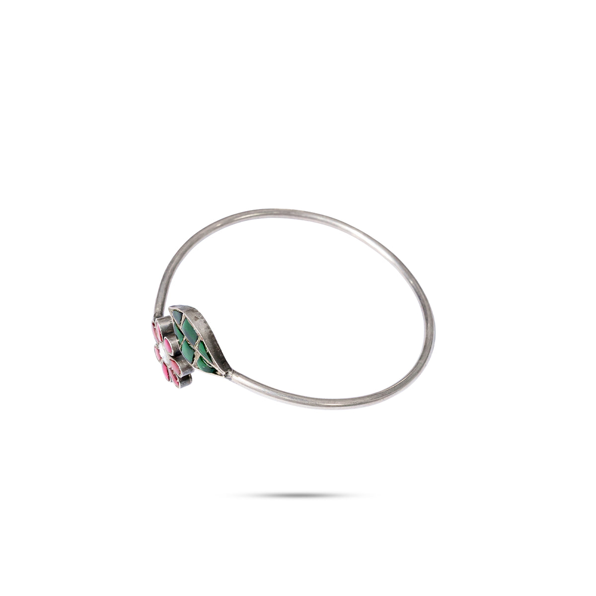 925 Silver Floral Leaf Enamel Open Bangle
