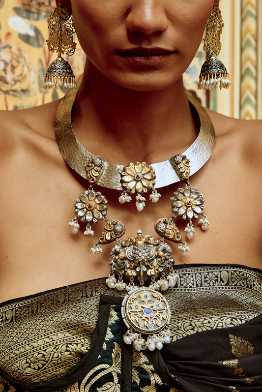 Temple Etched 925 silver Choker Set