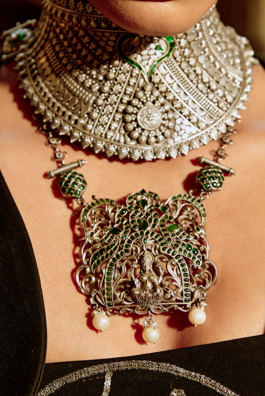 Silver Tone Long Necklace with Green Gemstone and Pearl Ornate Pendant