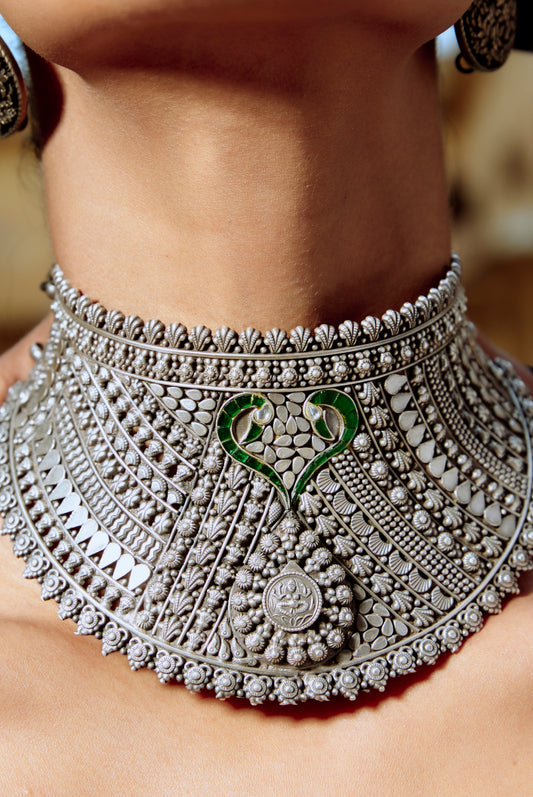 Intricate Green Detail Choker 925 Oxidised Necklace