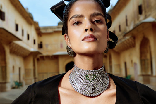 Intricate Green Detail Choker 925 Oxidised Necklace