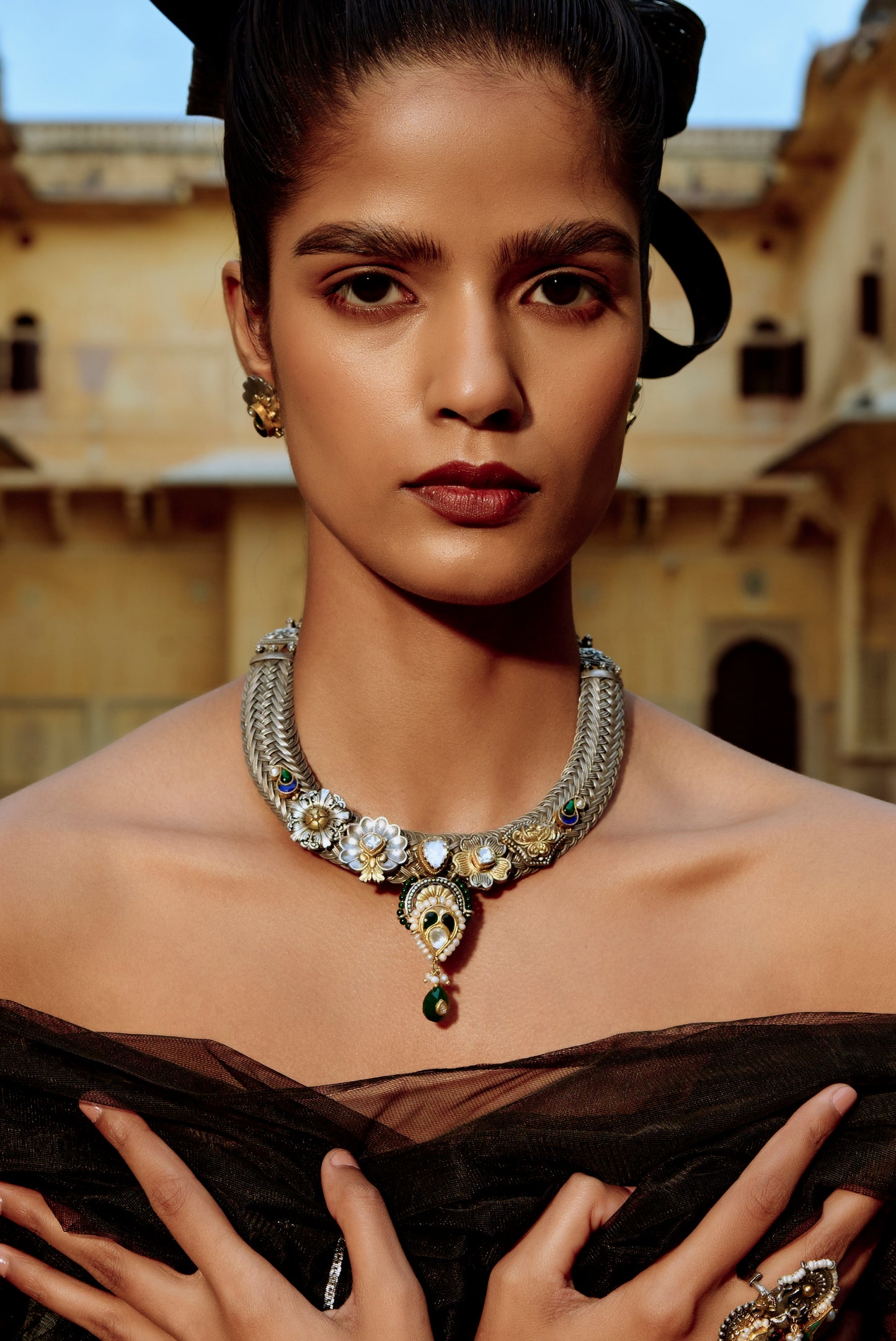 Antique 925 Silver Floral Choker with Earrings