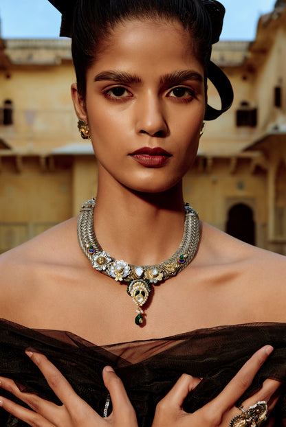 Antique 925 Silver Floral Choker with Earrings