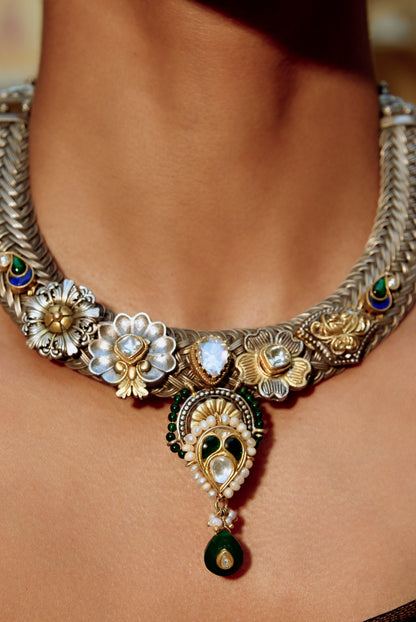 Antique 925 Silver Floral Choker with Earrings