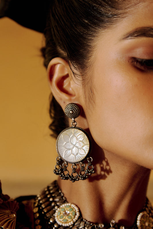 Carved Shell Drop Earrings in 925 Silver