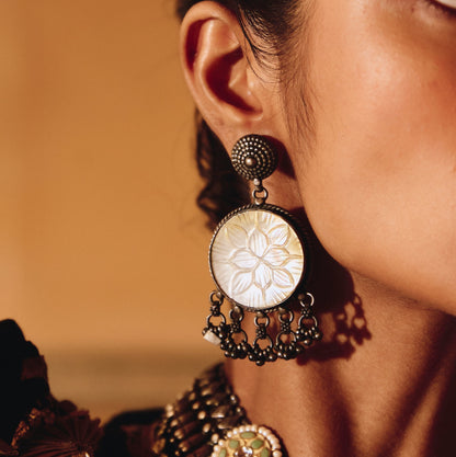 Carved Shell Drop Earrings in 925 Silver