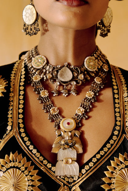 Two-Tone Silver and Gold Long Necklace with Pearls, Ruby, and Bird Motifs