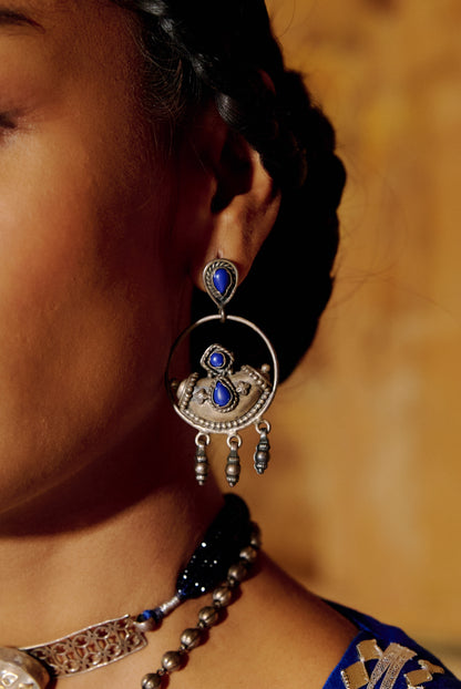 Blue Stone Hoop Earrings in 925 Silver