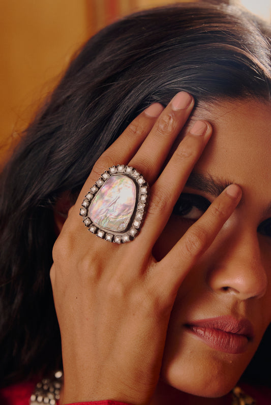 Abalone Shell Oxidized Look Silver Statement Ring