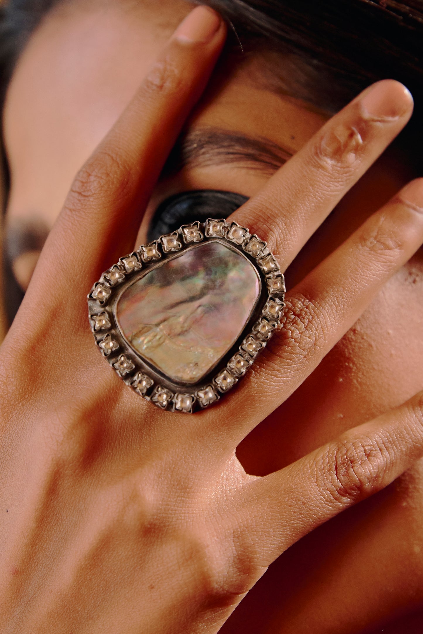 Abalone Shell Oxidized Look Silver Statement Ring