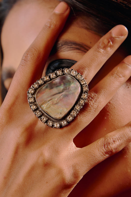 Abalone Shell Oxidized Look Silver Statement Ring