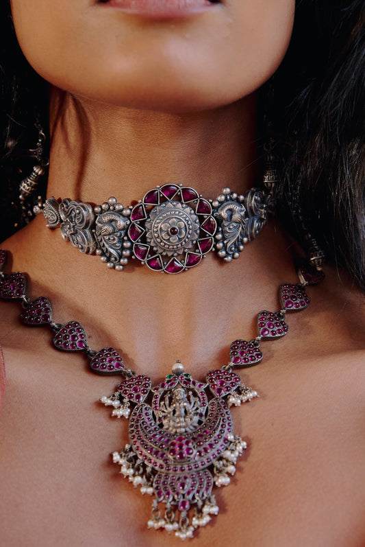 Oxidized Silver Necklace with Devi Pendant, Pink Gem Hearts, and Pearl Drops