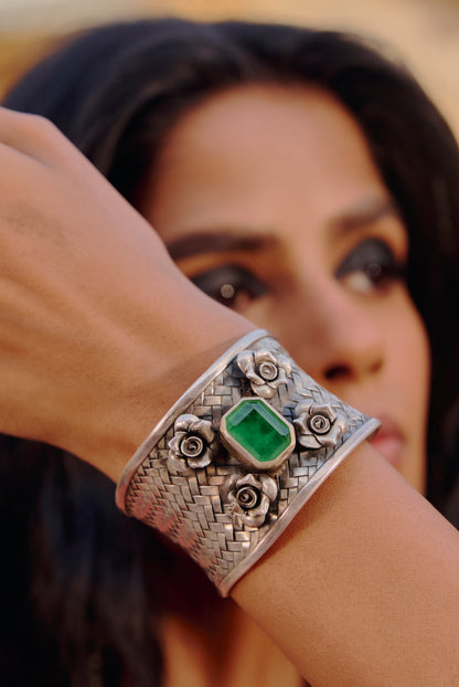 Women's Wide Band Oxidized Silver Open Cuff with Emerald and Roses