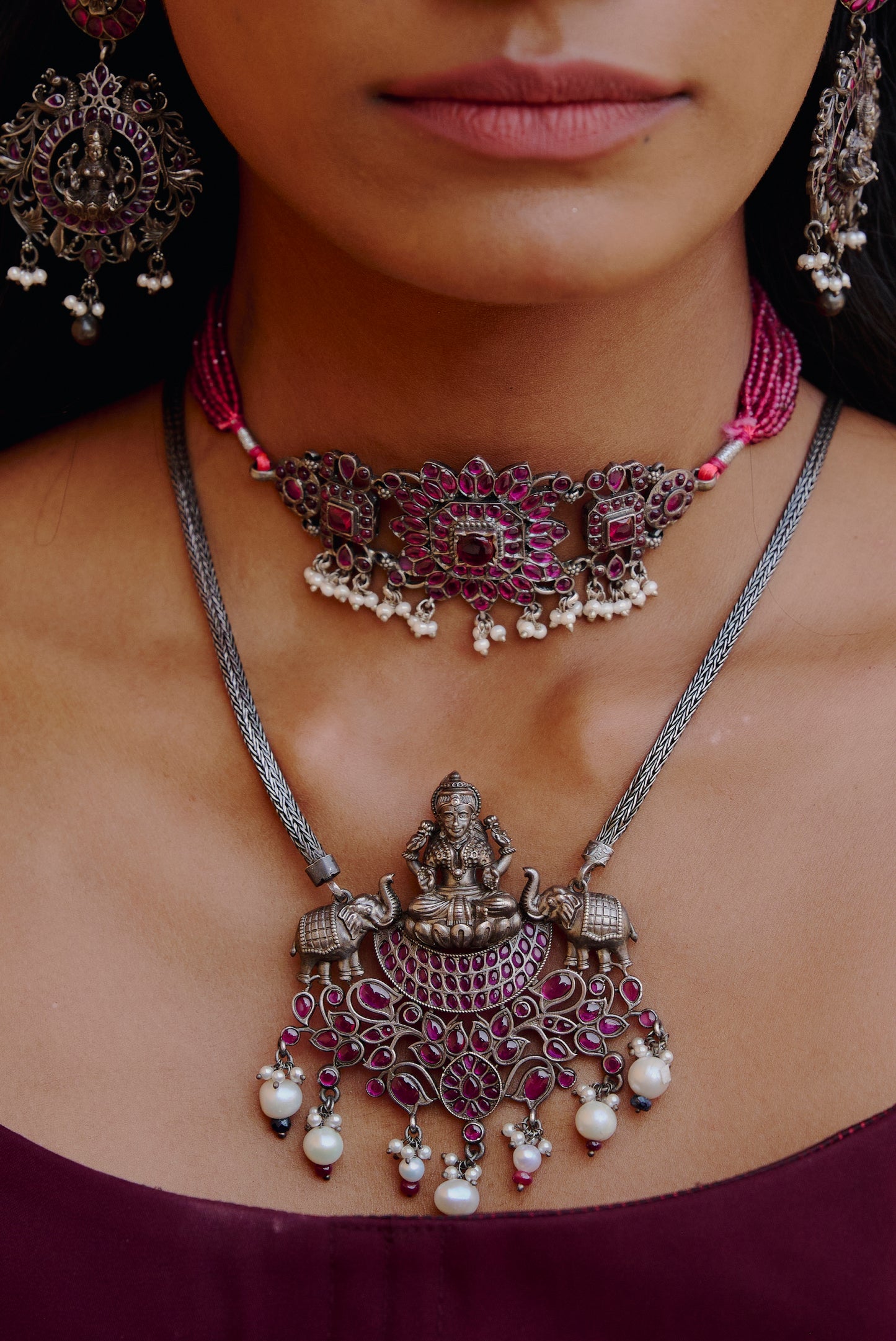 Antique 925 Silver Ruby Beaded Necklace Traditional Design