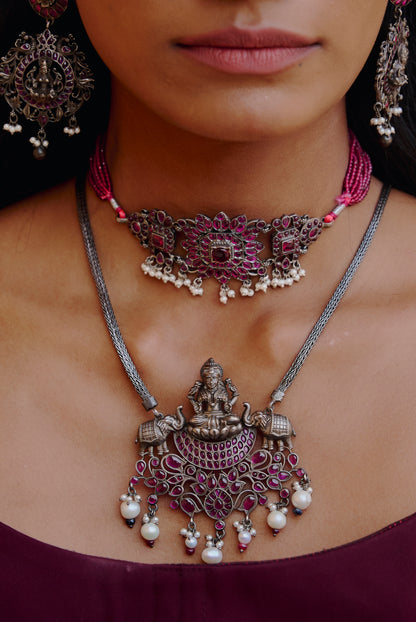 Antique 925 Silver Ruby Beaded Necklace Traditional Design