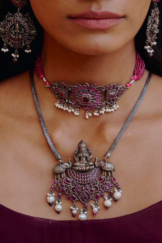 Antique 925 Silver Ruby Beaded Necklace Traditional Design