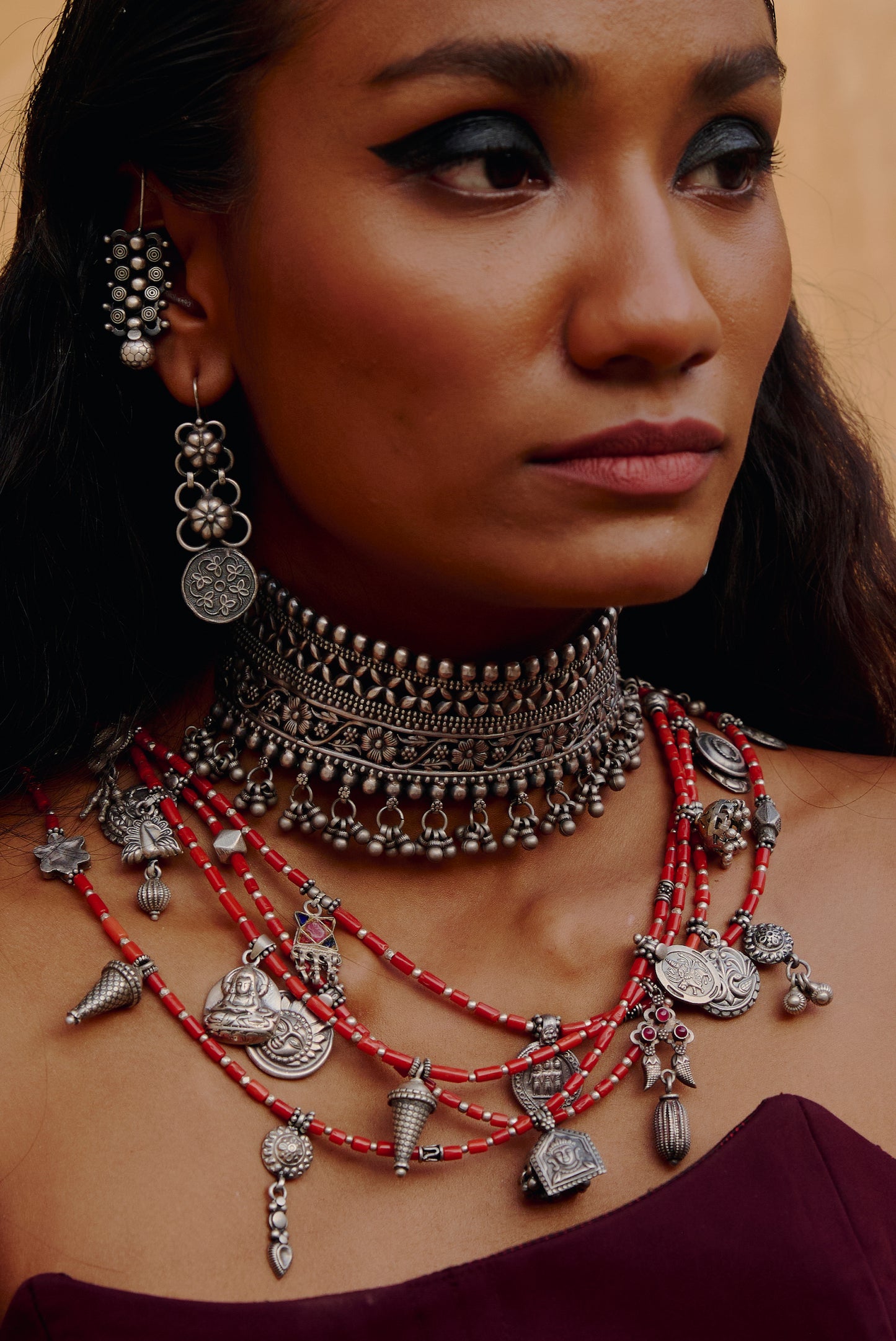 Charm Layered Beads 925 silver Tribal Necklace