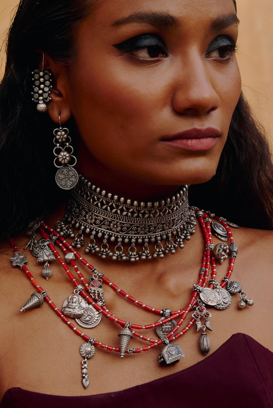 Charm Layered Beads 925 silver Tribal Necklace