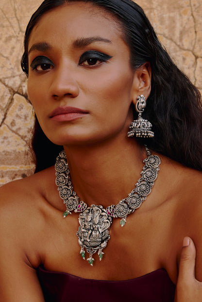 925 Silver Temple Jhumka Necklace Set