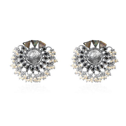 Oxidized Silver Stud Earrings with Floral Center, Black Onyx, and Pearl Fringe