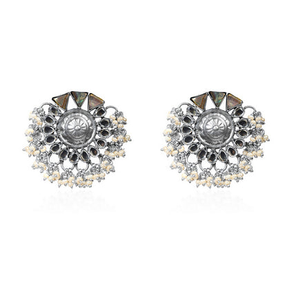 Oxidized Silver Stud Earrings with Floral Center, Black Onyx, and Pearl Fringe