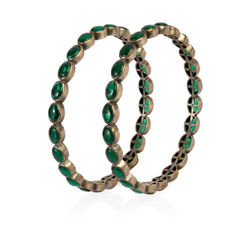 Elegant Dark Silver Bracelets with Bezel-Set Emeralds