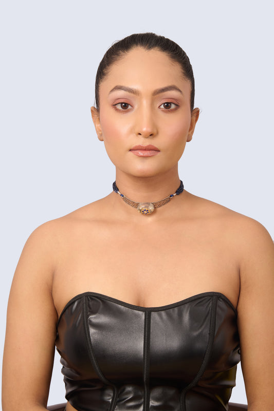 Oxidized Silver Choker with Sapphire Center, White Gem Accents, and Gold Tone