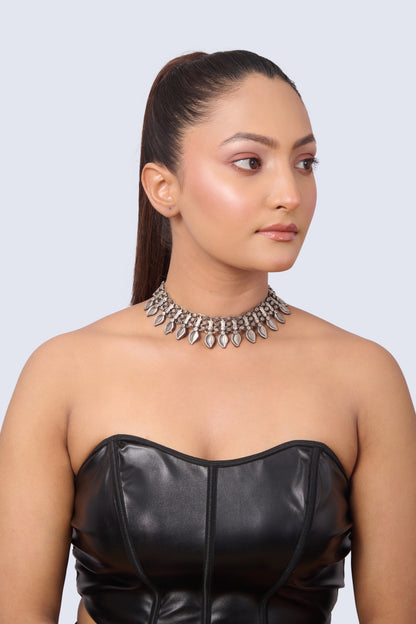 Oxidized Silver Choker with Graduated Leaf and Floral Design, White Gem Accents