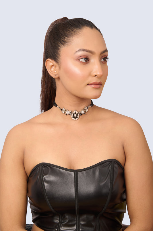 Elegant Oxidized Silver Choker with Floral Motifs, Black and White Enamel, and Sparkling White Stone