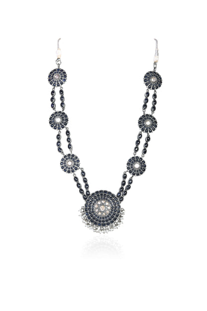 Beautiful Dark Silver Necklace with Intricate Floral Motifs and Contrasting Gemstones