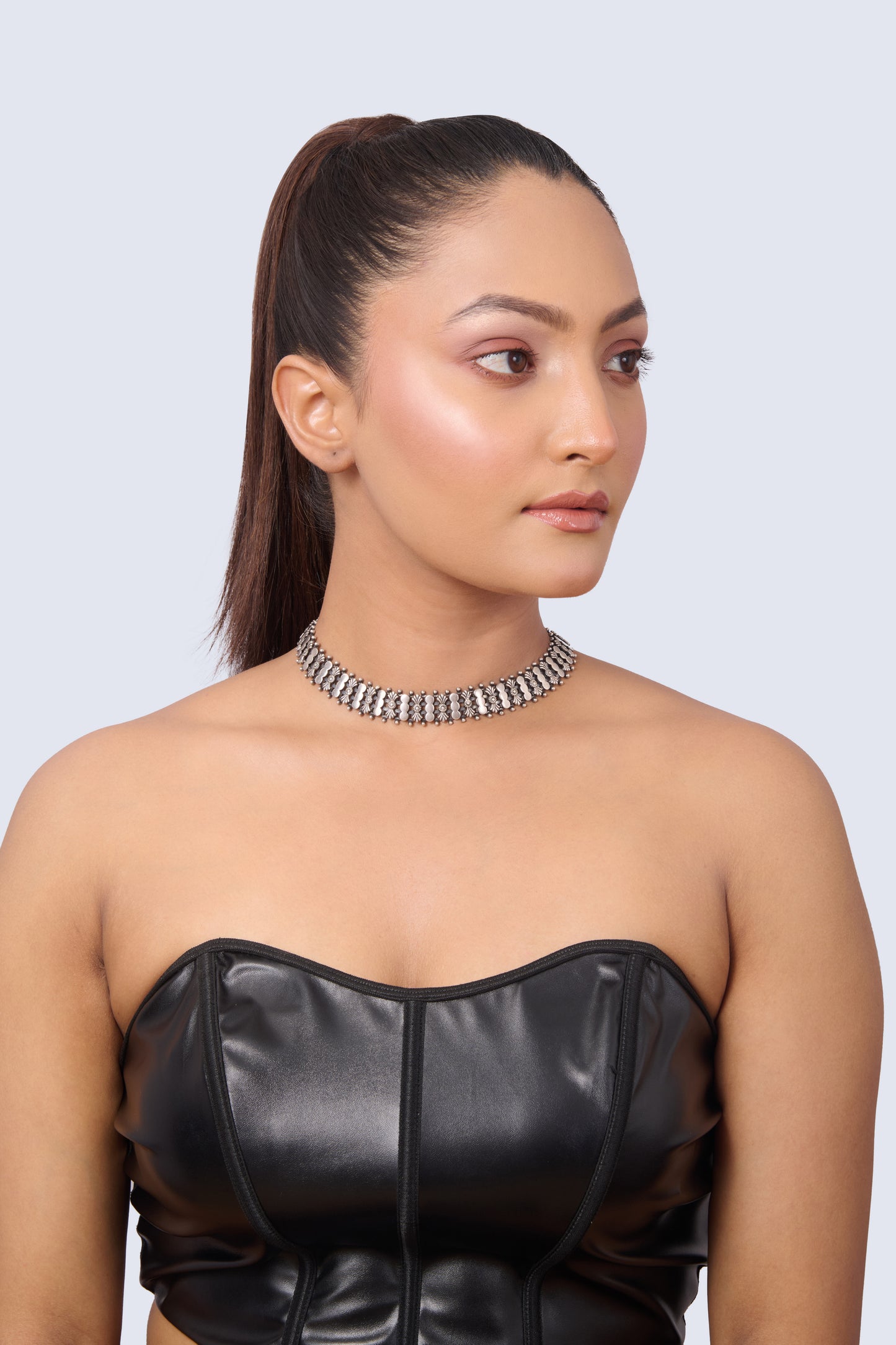 Oxidized Silver Choker with Geometric and Floral Pattern, White Gem Accents